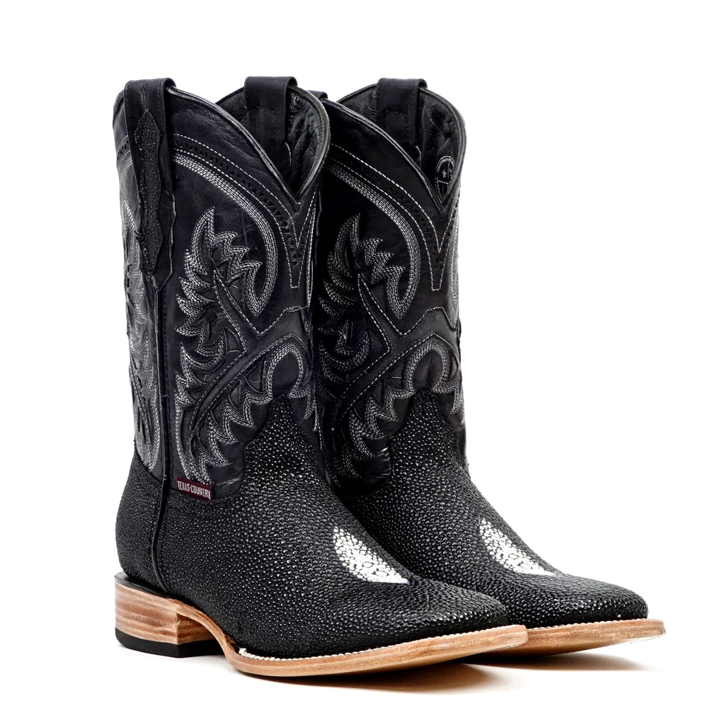 Stingray Black Boots - Embossed Leather - Square Toe (E442) - Gomez Western Wear