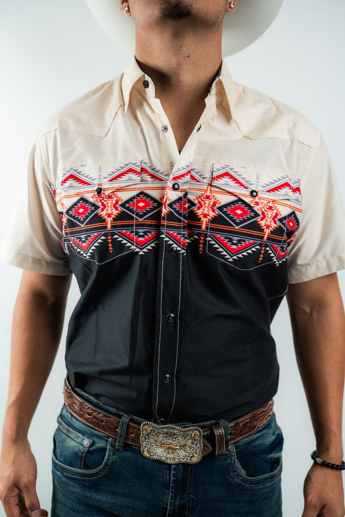 Texas Country - Beige & Black Aztec Western Short Sleeve Shirt (PS100S/T #1150) - Gomez Western Wear