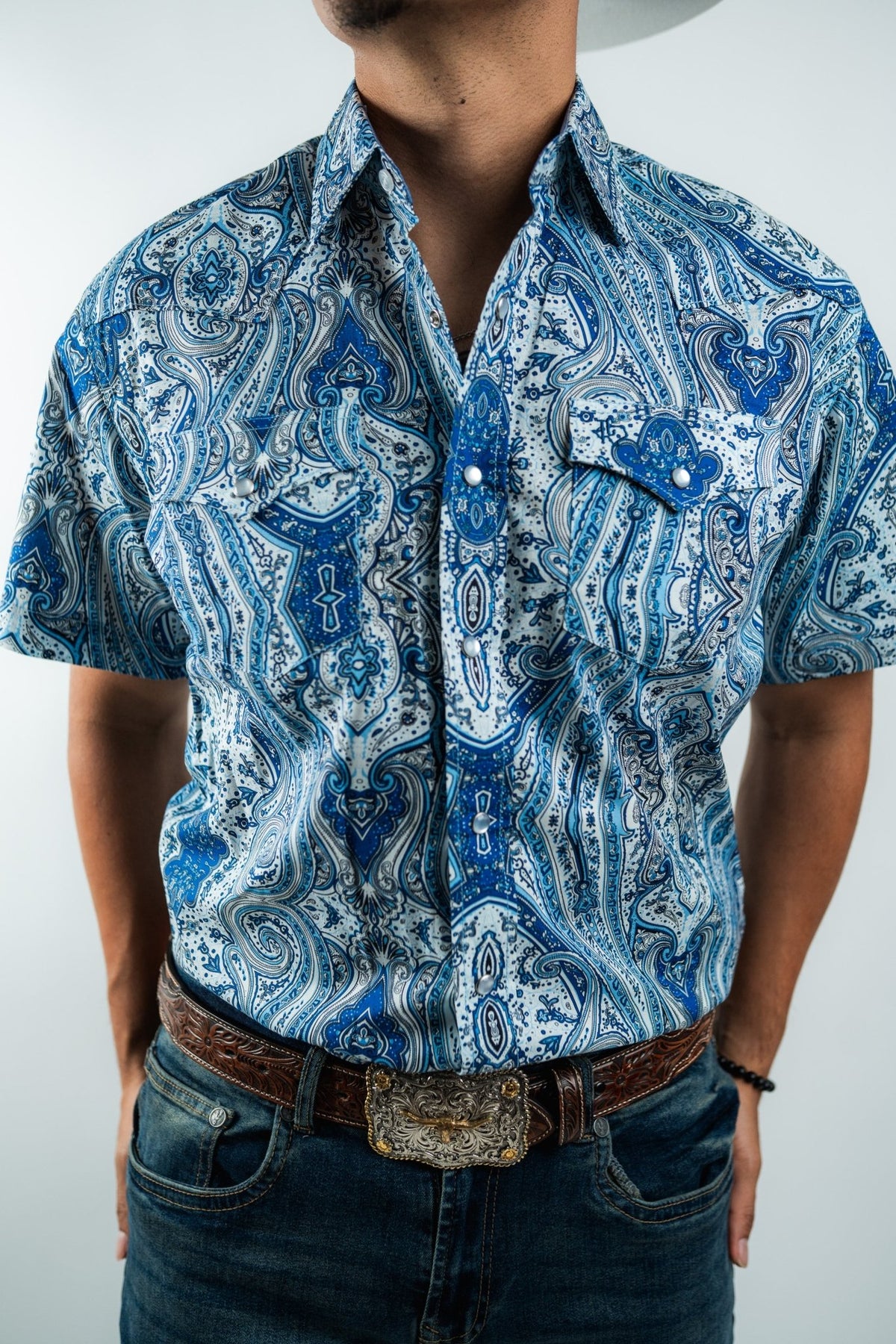 Texas Country - Blue Floral Pearl Snap Short Sleeve Shirt (PS100S/T #1111) - Gomez Western Wear