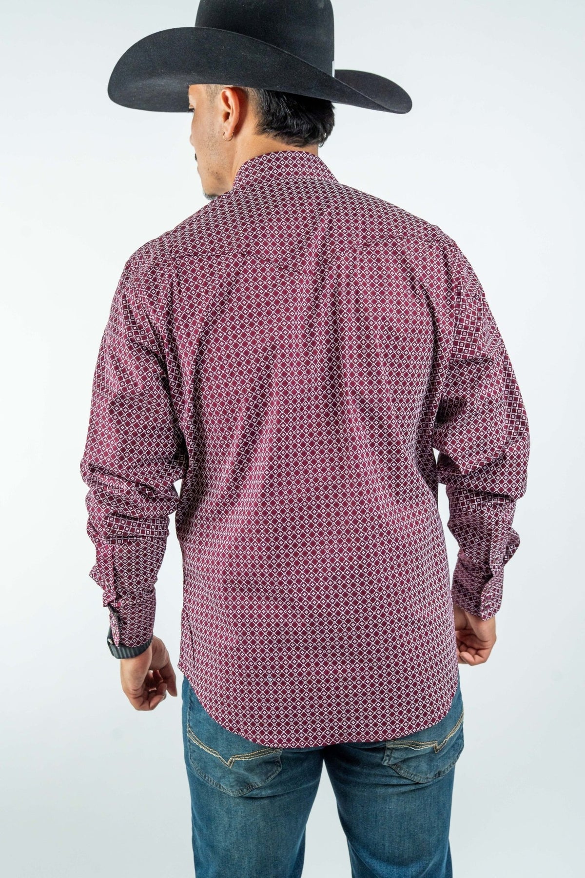 Texas Country - Burgundy Diamond Print Peal Snap Long Sleeve Shirt (PS100L/T #159) - Gomez Western Wear