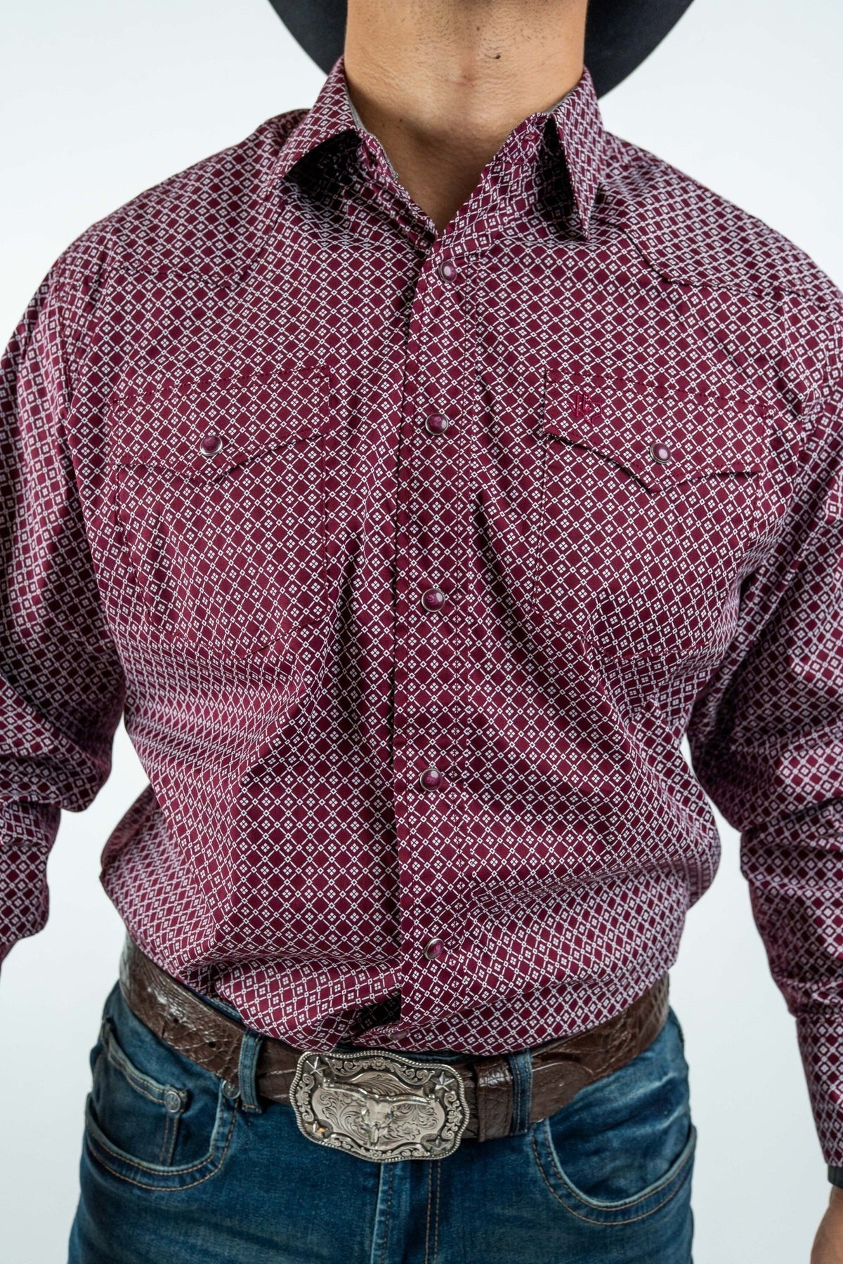 Texas Country - Burgundy Diamond Print Peal Snap Long Sleeve Shirt (PS100L/T #159) - Gomez Western Wear