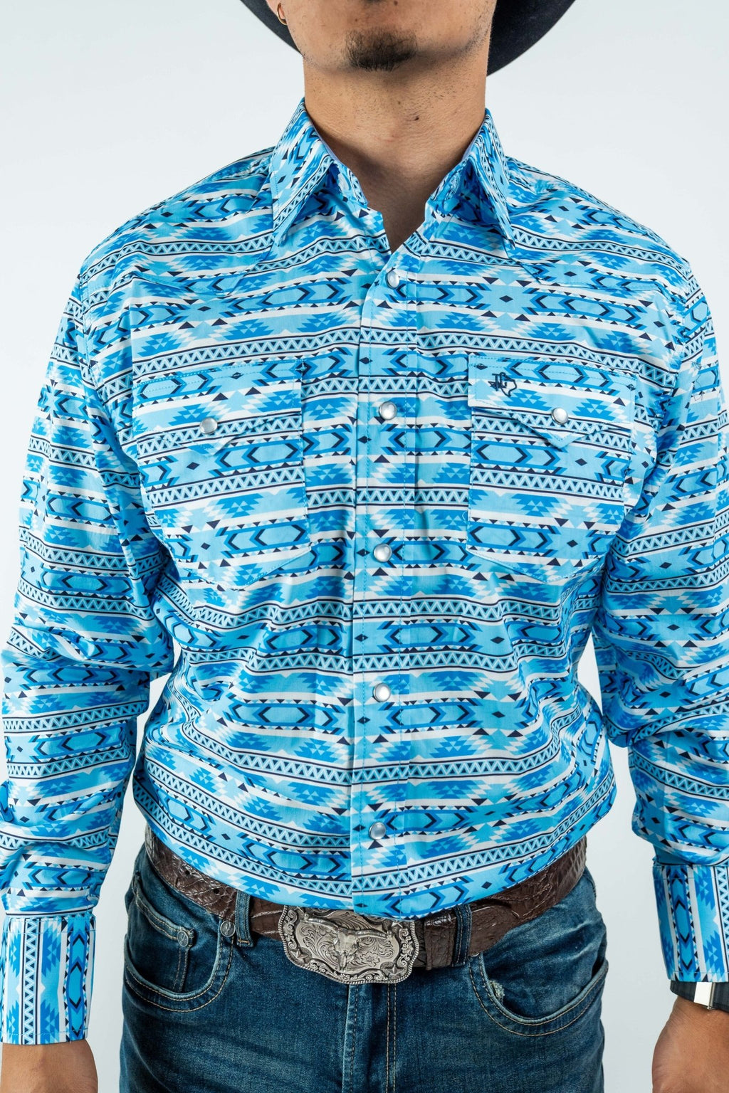 Texas Country - Light Blue Aztec Pearl Snap Long Sleeve Shirt (PS100L/T #1124) - Gomez Western Wear