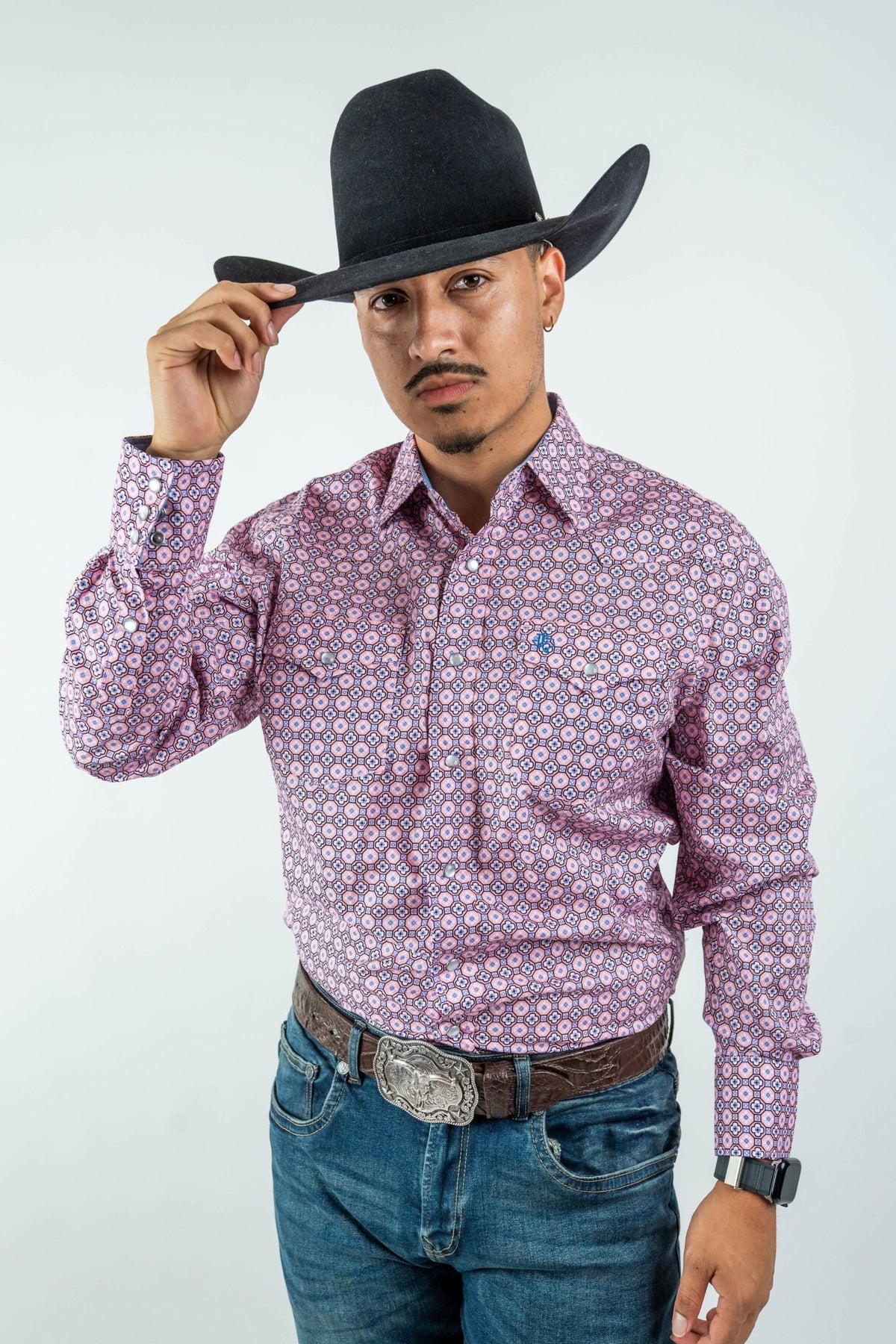 Texas Country - Pink Geometric Print Pearl Snap Long Sleeve Shirt (PS100L/T #123) - Gomez Western Wear
