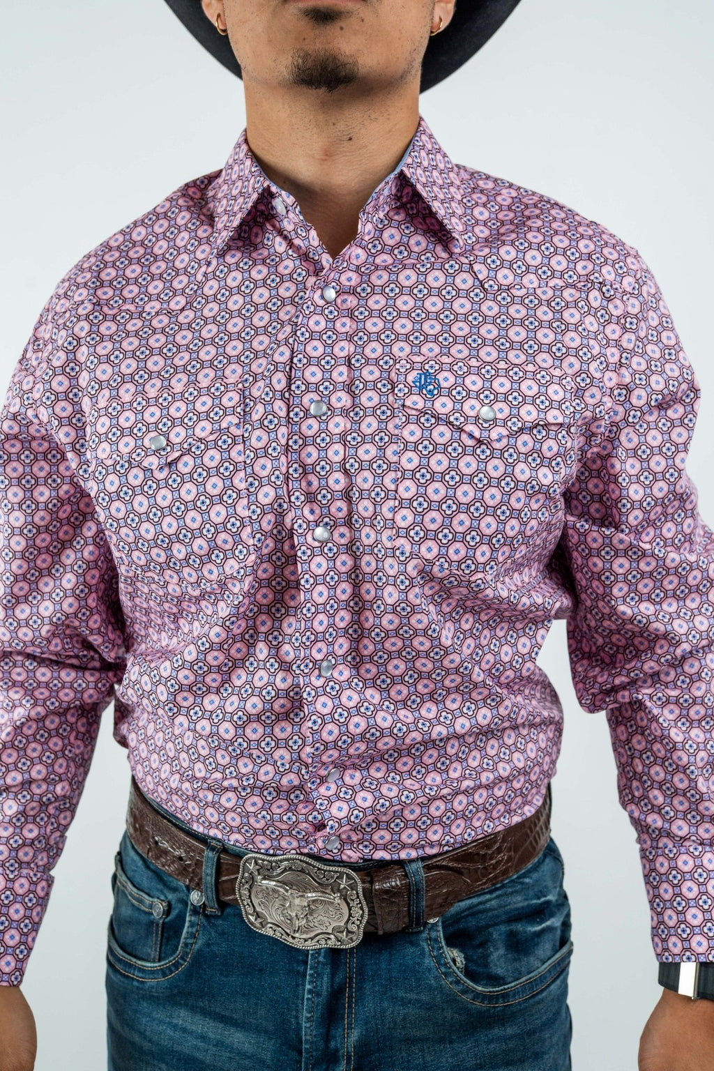 Texas Country - Pink Geometric Print Pearl Snap Long Sleeve Shirt (PS100L/T #123) - Gomez Western Wear