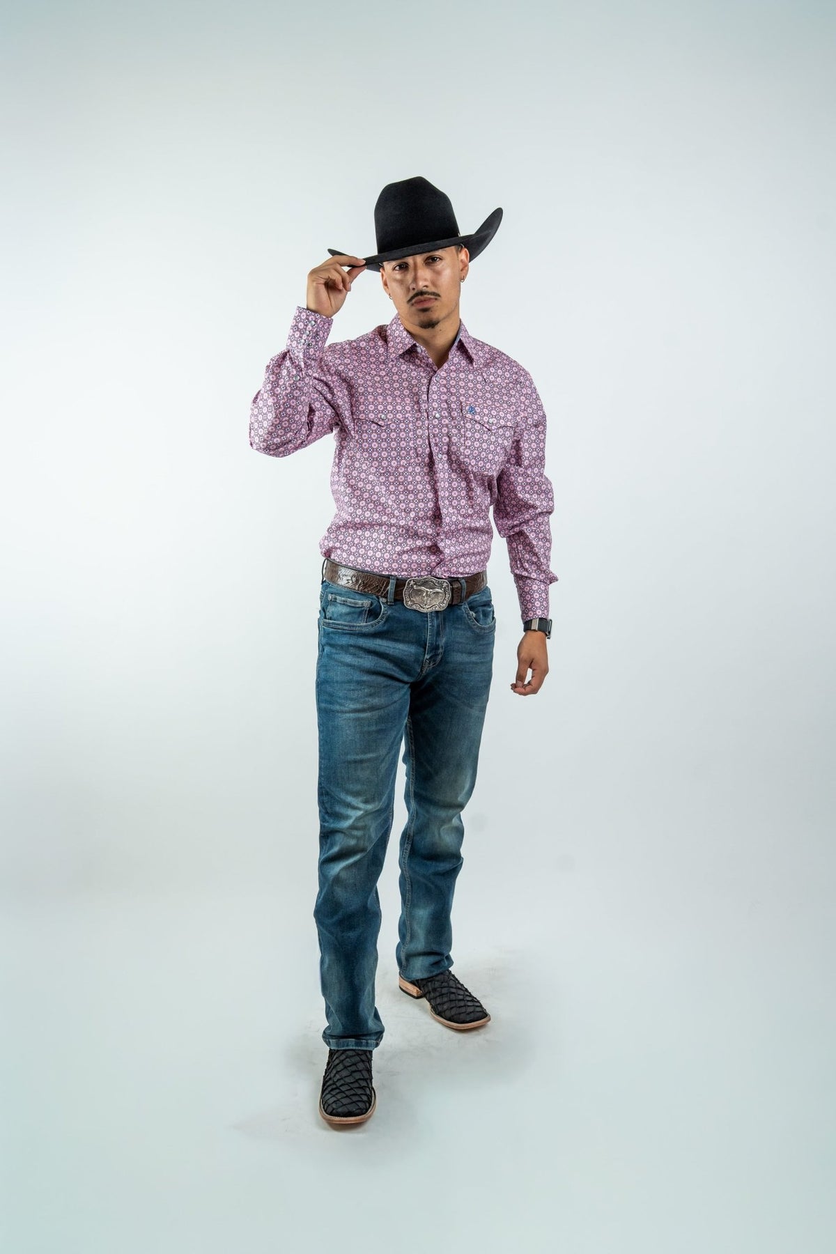 Texas Country - Pink Geometric Print Pearl Snap Long Sleeve Shirt (PS100L/T #123) - Gomez Western Wear