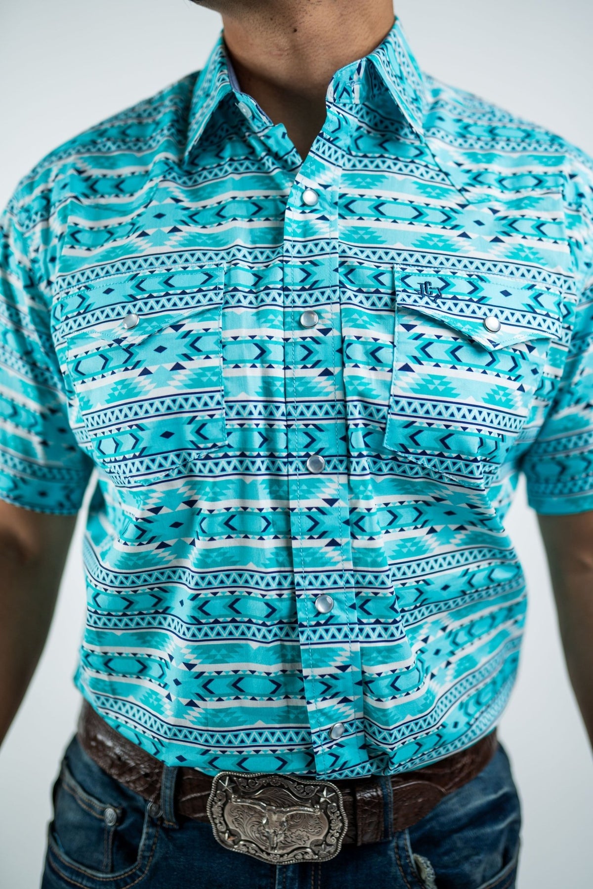Texas Country - Turquoise Aztec Pearl Snap Short Sleeve Shirt (PS100S/T #1125) - Gomez Western Wear