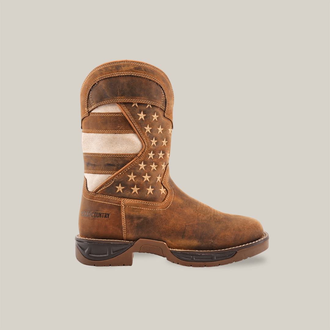 Texas Country - U.S. Flag Tan Work Boots - Soft Toe (TC001) - Gomez Western Wear