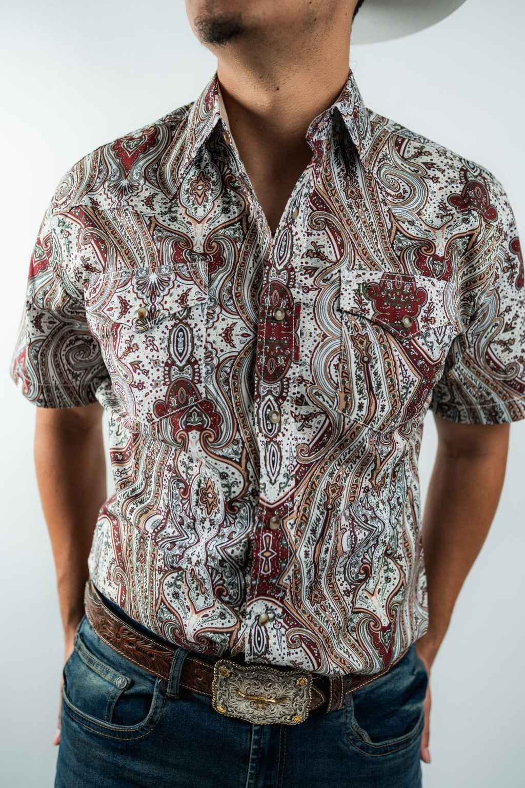 Texas Country - White &amp; Maroon Floral Pearl Short Sleeve Shirt (PS100S/T #1120) - Gomez Western Wear
