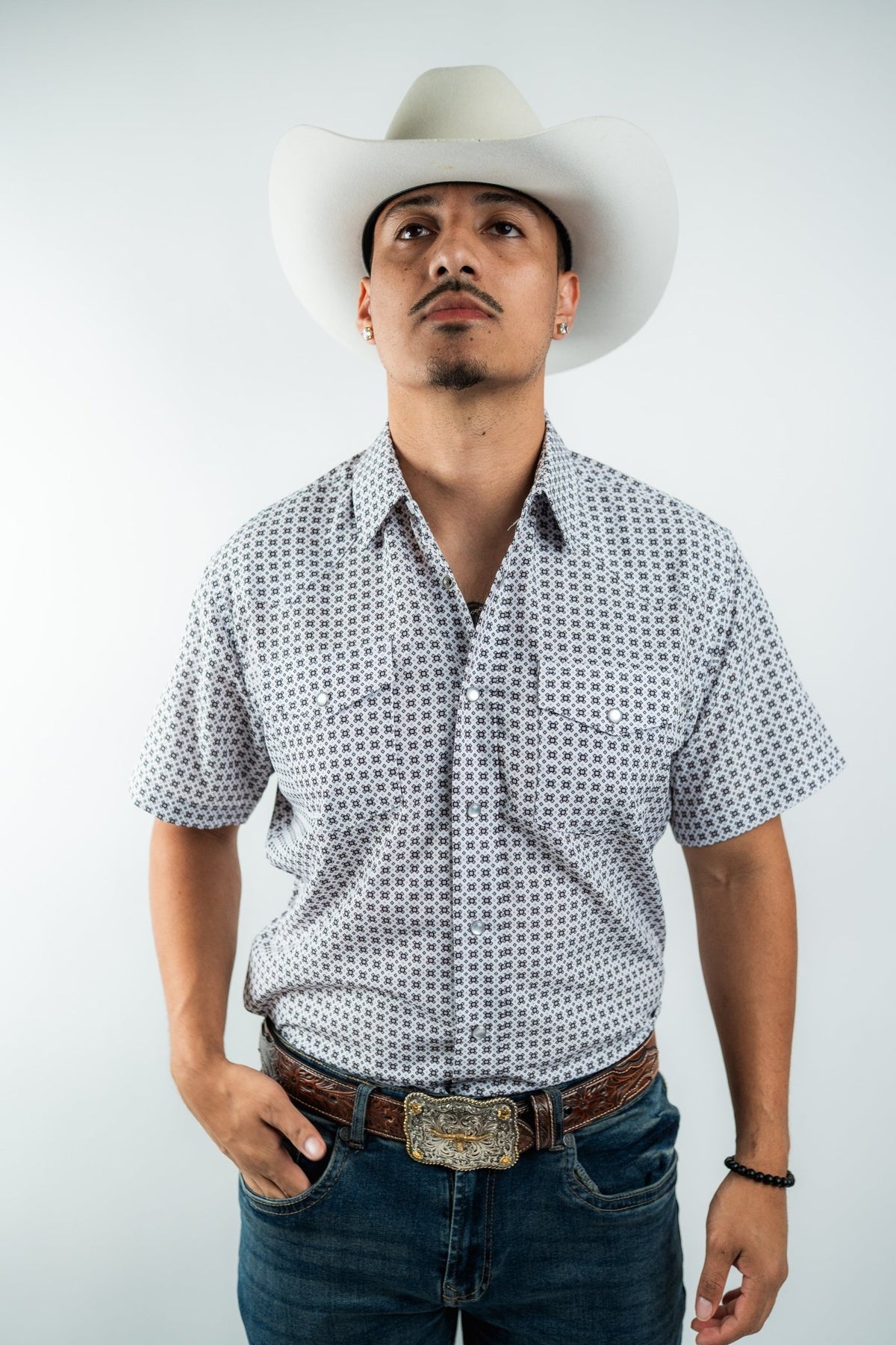 Texas Country - White Geometric Pearl Snap Short Sleeve Shirt (RT101S/T #1103) - Gomez Western Wear