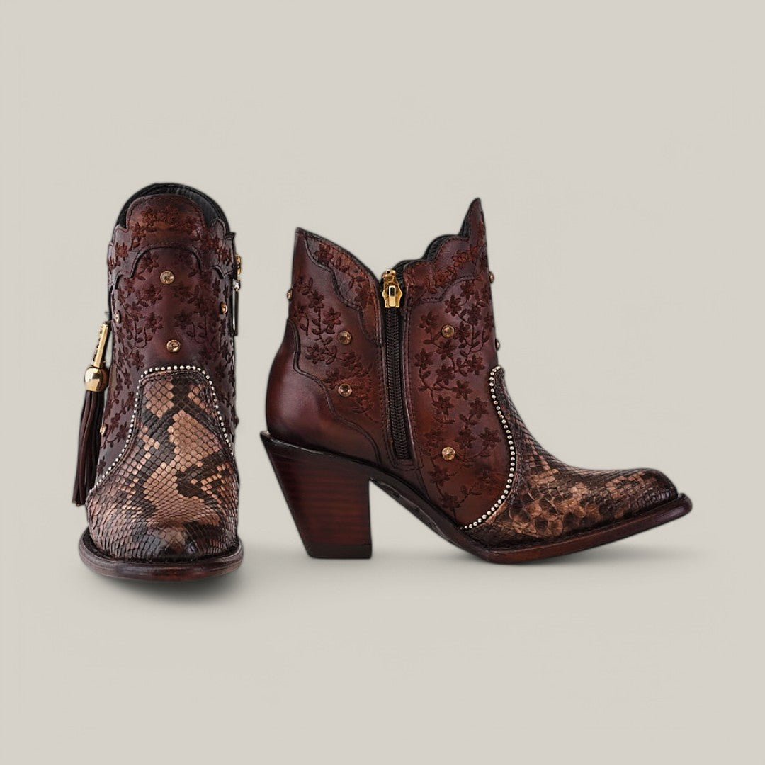 Ximena Python Chocolate Booties - Round Toe - Gomez Western Wear